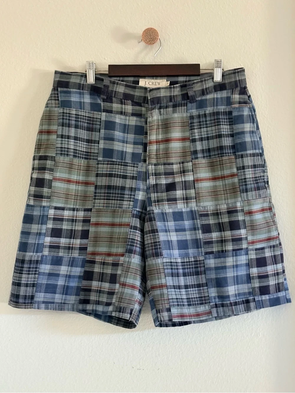 J.Crew Patchwork Madras Blue Plaid Field Flat Front 100% CottonShorts | Size 33